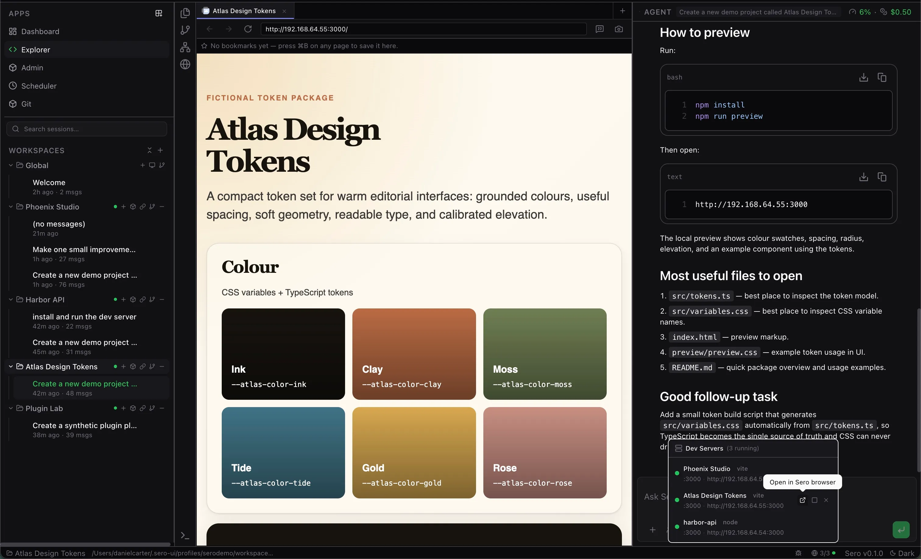 Sero workspace with the in-app browser showing a live dev server preview alongside the agent chat