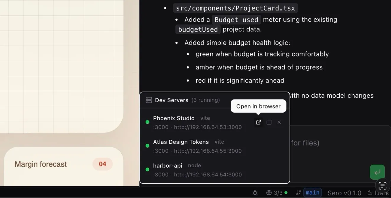 Dev Servers panel showing three projects all running on port 3000 with different container IPs