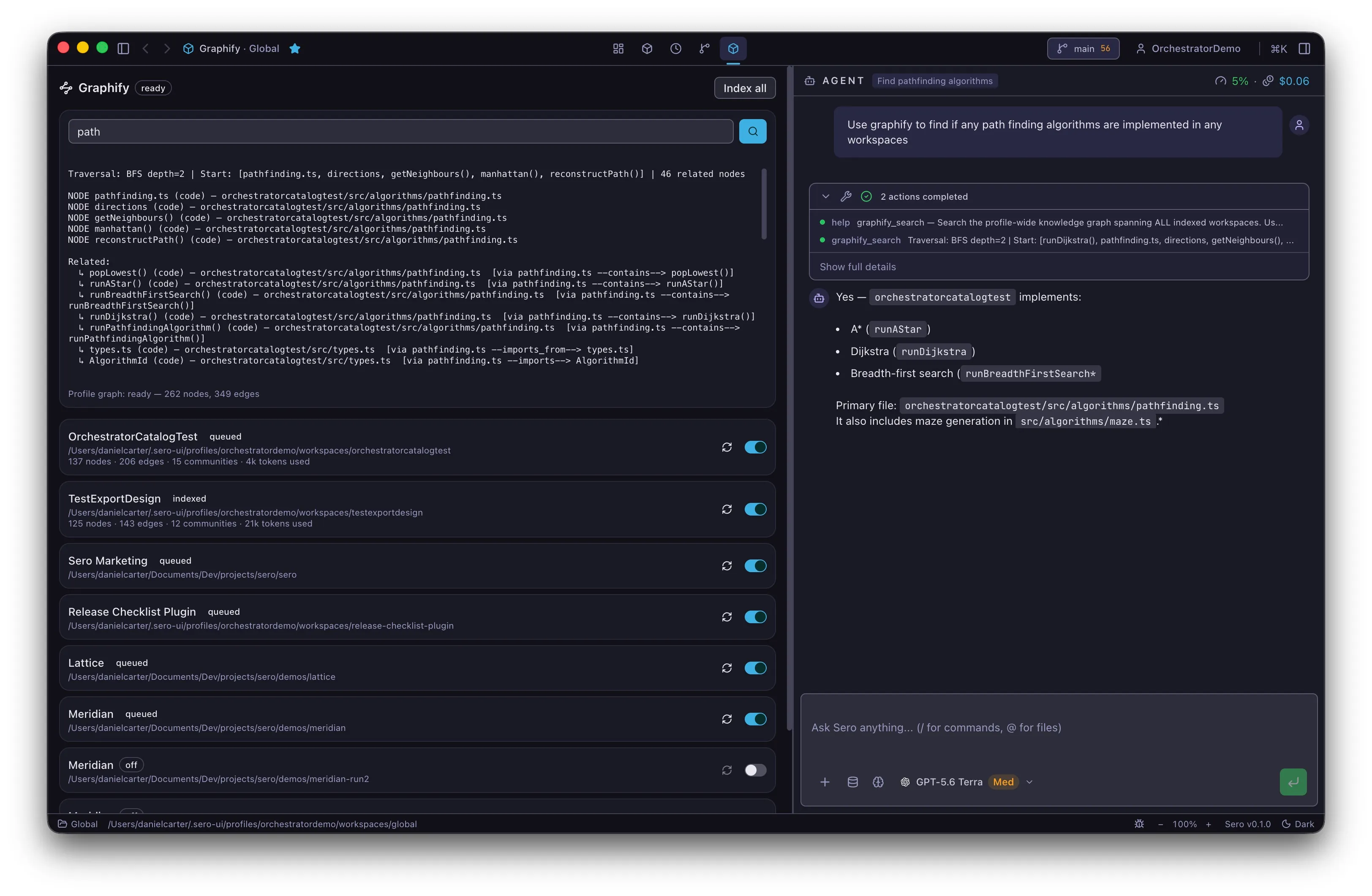 Graphify panel showing indexed workspaces and an agent answer based on graph search