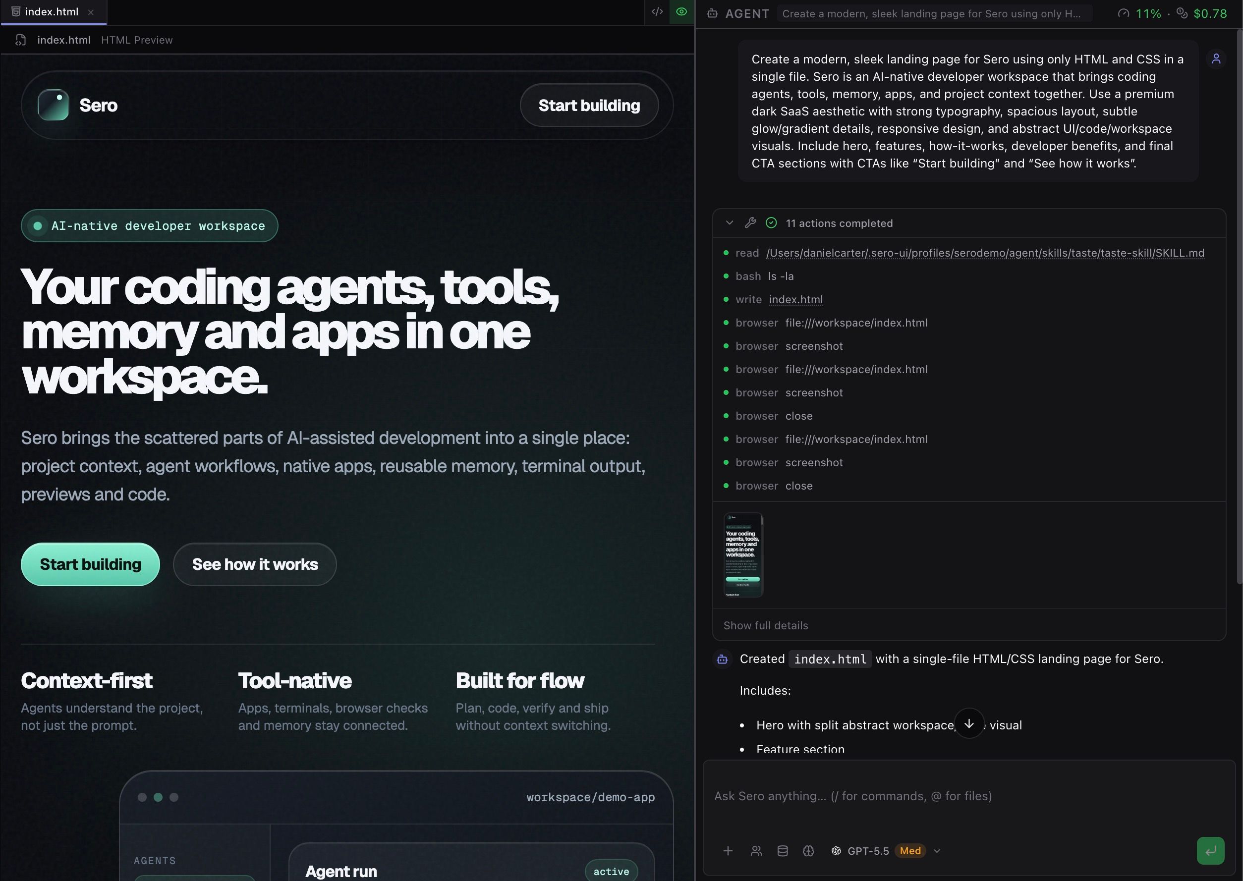 Sero workspace with the agent chat panel on the right showing a multi-step plan to scaffold a landing page.